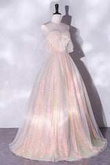 Tulle Dress, Champagne Sequins Long A-Line Prom Dress, Off the Shoulder Evening Party Dress