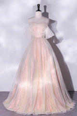 Functional Dress, Champagne Sequins Long A-Line Prom Dress, Off the Shoulder Evening Party Dress