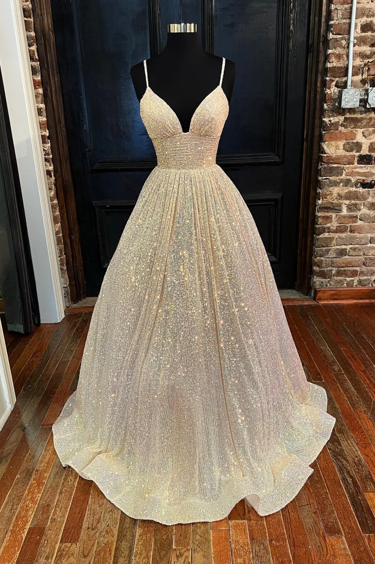 Homecoming Dress Long, Champagne Sequins Long A-Line Prom Dress, Shiny V-Neck Spaghetti Straps Party Dress