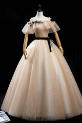 Prom Dresses For Chubby Girls, Champagne Shiny Tulle Floor Length Prom Dress, Off the Shoulder Evening Dress