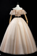Prom Dresses Long With Sleeves, Champagne Shiny Tulle Floor Length Prom Dress, Off the Shoulder Evening Dress