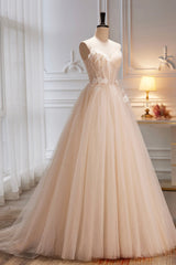 Bridesmaid Dress Modest, Champagne Spaghetti Strap Tulle Formal Dress with Feathers, Cute A-Line Evening Dress