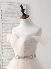 Bridesmaid Dresses Websites, Champagne Sweetheart Off Shoulder Tulle Long Prom Dresses