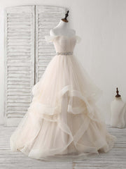 Bridesmaid Dress Website, Champagne Sweetheart Off Shoulder Tulle Long Prom Dresses