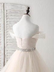 Bridesmaid Dresses In Store, Champagne Sweetheart Off Shoulder Tulle Long Prom Dresses