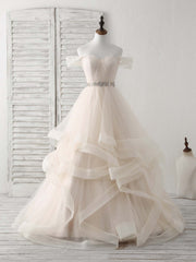 Bridesmaid Dress Websites, Champagne Sweetheart Off Shoulder Tulle Long Prom Dresses
