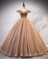 Homecoming Dress Shopping Near Me, Champagne Sweetheart Off Shoulder Tulle Sequin Long Prom Dresses