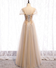 Homecoming Dresses With Tulle, Champagne Sweetheart Tulle Lace Long Prom Dress Champagne Formal Dress