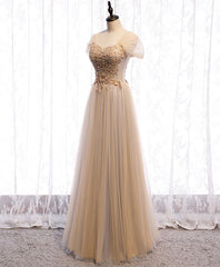 Homecomming Dresses Blue, Champagne Sweetheart Tulle Lace Long Prom Dress Champagne Formal Dress