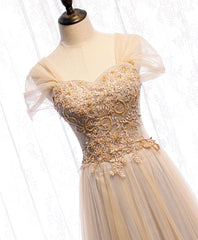 Homecomeing Dresses Blue, Champagne Sweetheart Tulle Lace Long Prom Dress Champagne Formal Dress