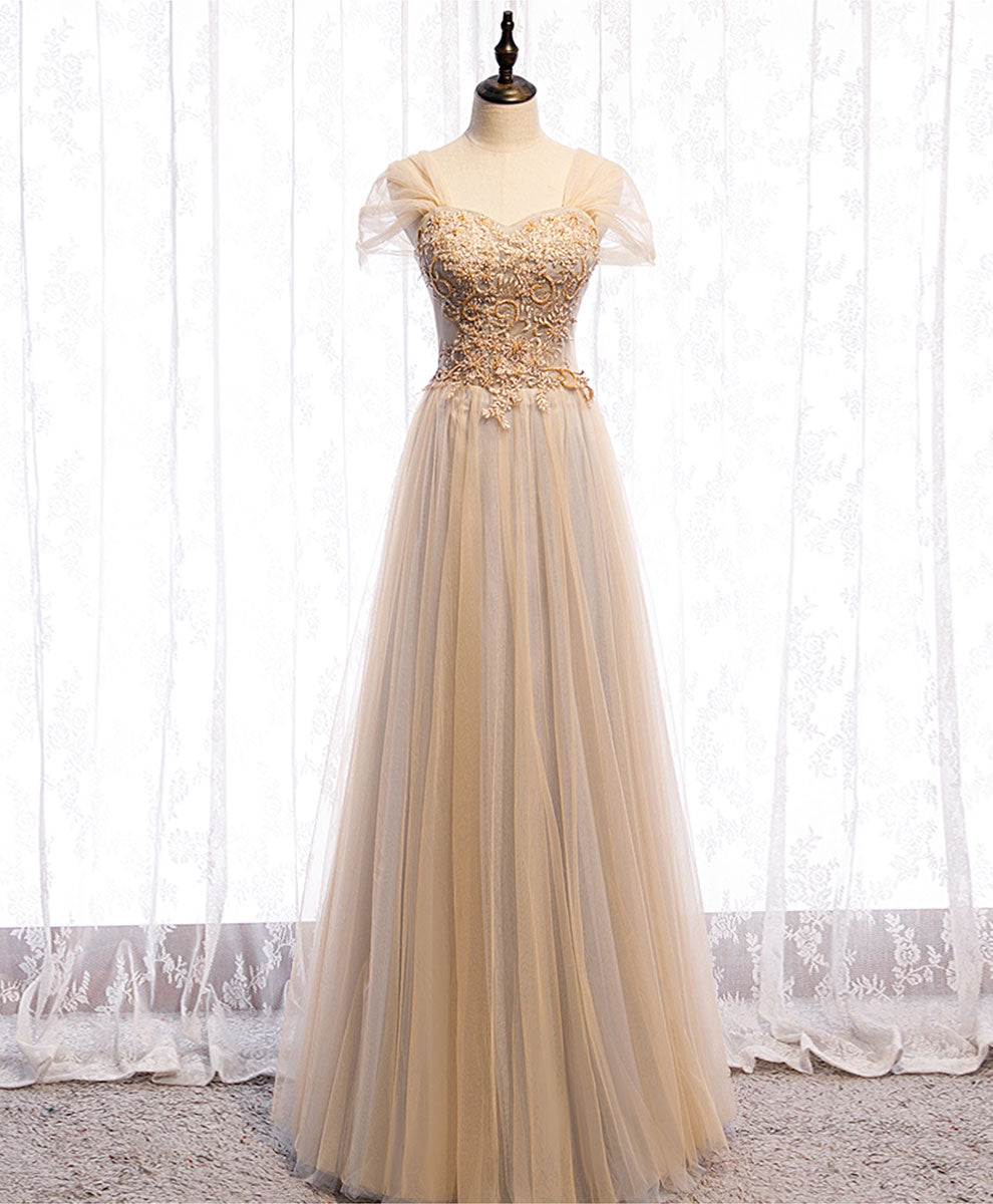 Homecoming Dress With Tulle, Champagne Sweetheart Tulle Lace Long Prom Dress Champagne Formal Dress