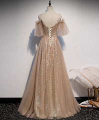 Prom Dress A Line Prom Dress, Champagne Sweetheart Tulle Lace Long Prom Dress Tulle Formal Dress