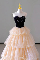 Bridesmaid Dresses Peach, Champagne Sweetheart Tulle Layers Long Party Dress, Strapless A-Line Prom Dress