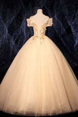 Non Traditional Wedding Dress, Champagne Tulle Flowers  Off Shoulder Sweet 16 Party Dress, Long Prom Dress, Formal Gown