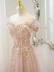 Formal Dresses For Sale, Champagne Tulle Lace A line Long Prom Dress, Lace Champagne Evening Dress