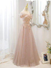 Formal Dresses Gown, Champagne Tulle Lace A line Long Prom Dress, Lace Champagne Evening Dress