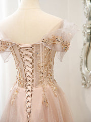 Formal Dress Gowns, Champagne Tulle Lace A line Long Prom Dress, Lace Champagne Evening Dress