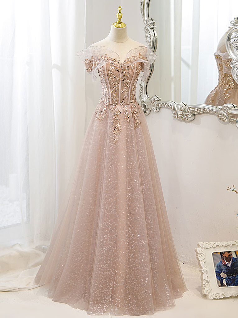 Formal Dress For Sale, Champagne Tulle Lace A line Long Prom Dress, Lace Champagne Evening Dress