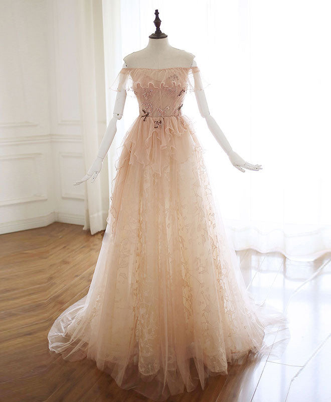 Prom Dresses Shop, Champagne Tulle Lace Long Prom Dress Champagne Tulle Lace Evening Dress