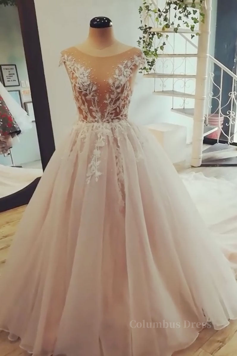 Homecoming Dress Idea, Champagne tulle lace long prom dress, tulle evening dress