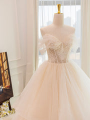 Wedding Dress Off The Shoulder, Champagne Tulle Lace Long Wedding Dress, Lace Tulle Wedding Gown