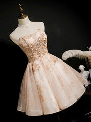 Formal Dress Off The Shoulder, Champagne Tulle Lace Short Prom Dress, Puffy Champagne Homecoming Dress