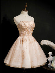 Formal Dresses For Middle School, Champagne Tulle Lace Short Prom Dress, Puffy Champagne Homecoming Dress