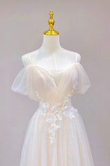 Evening Dress Styles, Champagne Tulle Long Prom Dress with Lace, Off the Shoulder Evening Dress