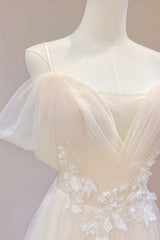 Evening Dresses Dresses, Champagne Tulle Long Prom Dress with Lace, Off the Shoulder Evening Dress