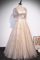 Bridesmaid Dress Colors, Champagne Tulle Sequins Long Prom Dress, Cute 1/2 Sleeve Party Dress