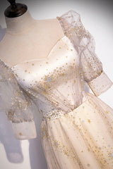 Bridesmaid Dresses Wedding, Champagne Tulle Sequins Long Prom Dress, Cute 1/2 Sleeve Party Dress