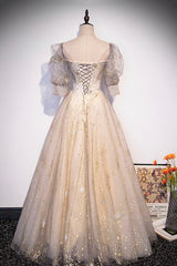 Bridesmaid Dress Ideas, Champagne Tulle Sequins Long Prom Dress, Cute 1/2 Sleeve Party Dress