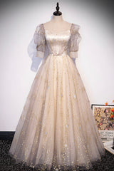 Bridesmaid Dresses Elegant, Champagne Tulle Sequins Long Prom Dress, Cute 1/2 Sleeve Party Dress