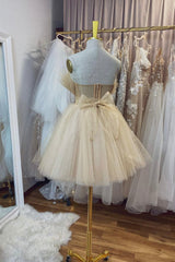 Bridesmaids Dress Under 110, Champagne Tulle Short A-Line Prom Dress, Lovely Strapless Party Dress