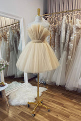 Bridesmaids Dresses Under 110, Champagne Tulle Short A-Line Prom Dress, Lovely Strapless Party Dress