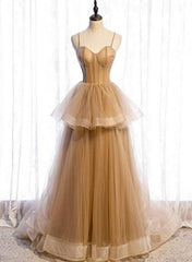 Prom Dress 2026, Champagne Tulle Sweetheart Straps Long Ball Gown Prom Dresses, Champagne Party Dresses