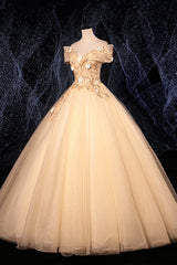 Formal Dresses For Middle School, Champagne V-Neck Lace Long Ball Gown, Off the Shoulder Formal Evening Dress