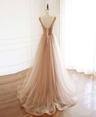 Prom Dresses Gowns, Champagne V Neck Tulle Beads Long Prom Dress Evening Dress