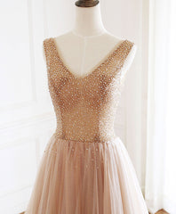 Prom Dress Gowns, Champagne V Neck Tulle Beads Long Prom Dress Evening Dress