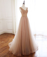 Prom Dresses For Short Girls, Champagne V Neck Tulle Beads Long Prom Dress Evening Dress