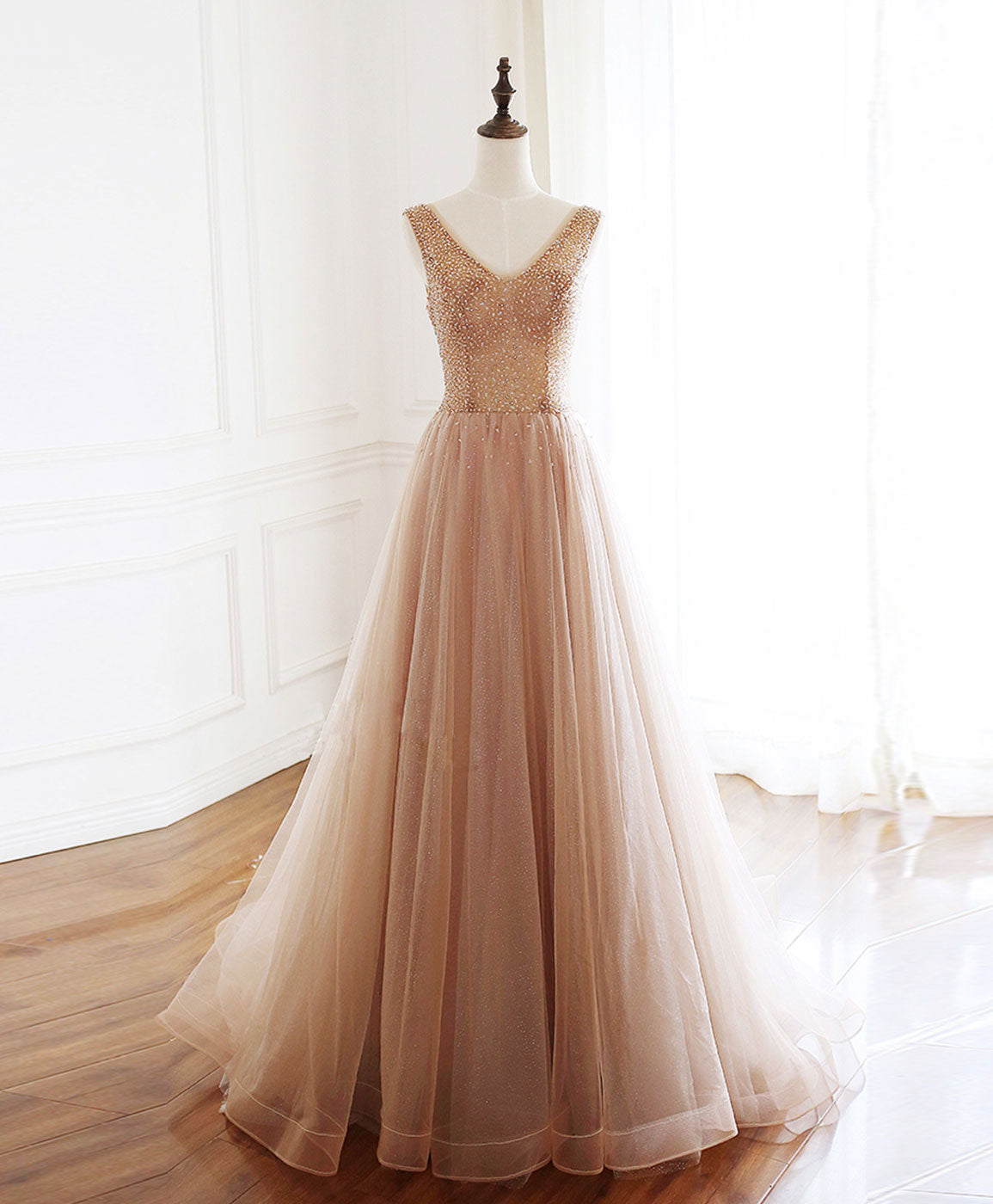 Prom Dresses Gown, Champagne V Neck Tulle Beads Long Prom Dress Evening Dress