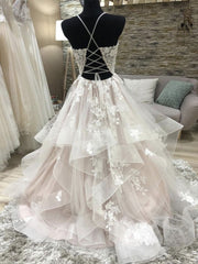 Prom Dress Designer, Champagne v neck tulle lace long prom dress, champagne evening dress