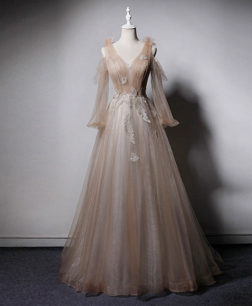 Homecoming Dress Shopping, Champagne V Neck Tulle Lace Long Prom Dress, Champagne Formal Evening Dress