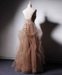 Homecoming Dress Stores, Champagne V Neck Tulle Lace Long Prom Dress, Champagne Graduation Dress