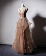 Homecoming Dress Under 61, Champagne V Neck Tulle Lace Long Prom Dress, Champagne Graduation Dress