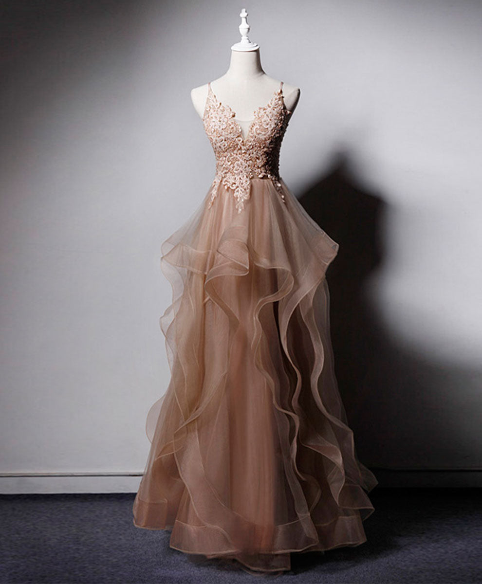 Homecoming Dress Website, Champagne V Neck Tulle Lace Long Prom Dress, Champagne Graduation Dress