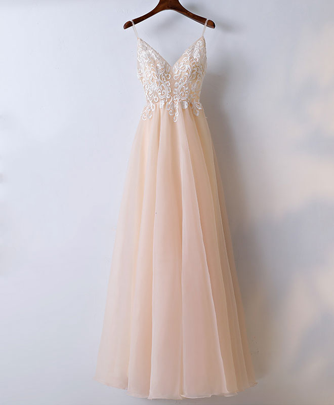 Bridesmaid Dress Colorful, Champagne V Neck Tulle Long Prom Dress, Lace Evening Dress