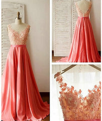 Bridesmaid Dress Ideas, Charming A-Line Appliques V-Neck Lace Long Prom Dresses, Long Formal Dresses