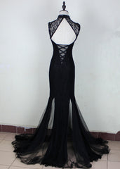 Party Dress Style, Charming Black Mermaid Backless Long Evening Dress, High Neckline Prom Dress