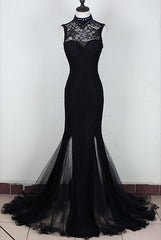 Party Dress Dress, Charming Black Mermaid Backless Long Evening Dress, High Neckline Prom Dress